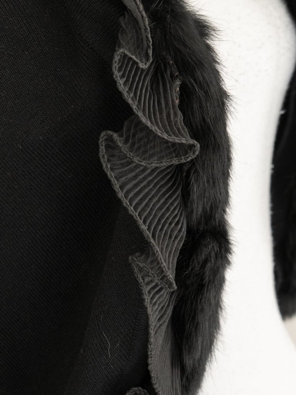 Vintage Y2k Cardigan Black Silk Blend Ruffle Fur Detail Cropped Half Sleeve Knit - Picture 7 of 9
